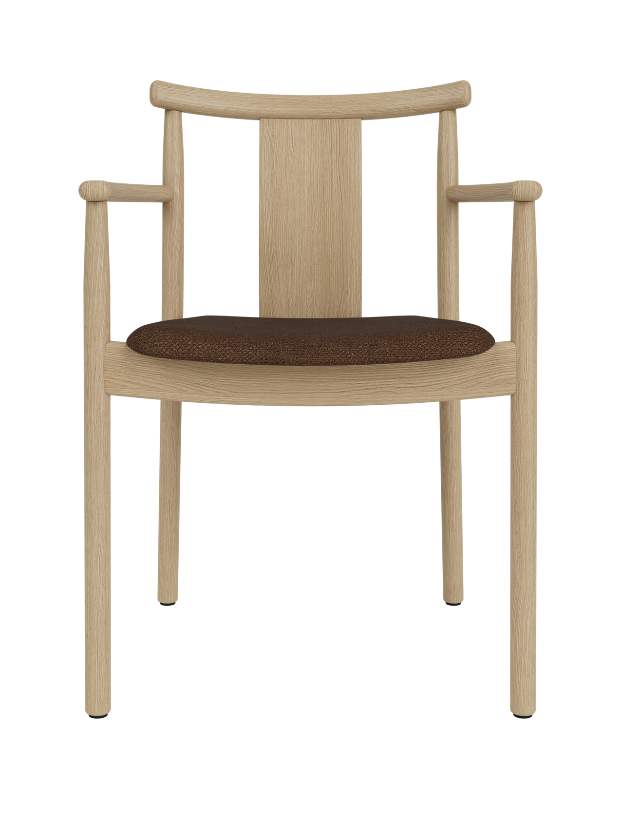 Natural oak Merkur Dining Chair with Armrests featuring a textured dark brown Audo Bouclé 07 upholstered seat.