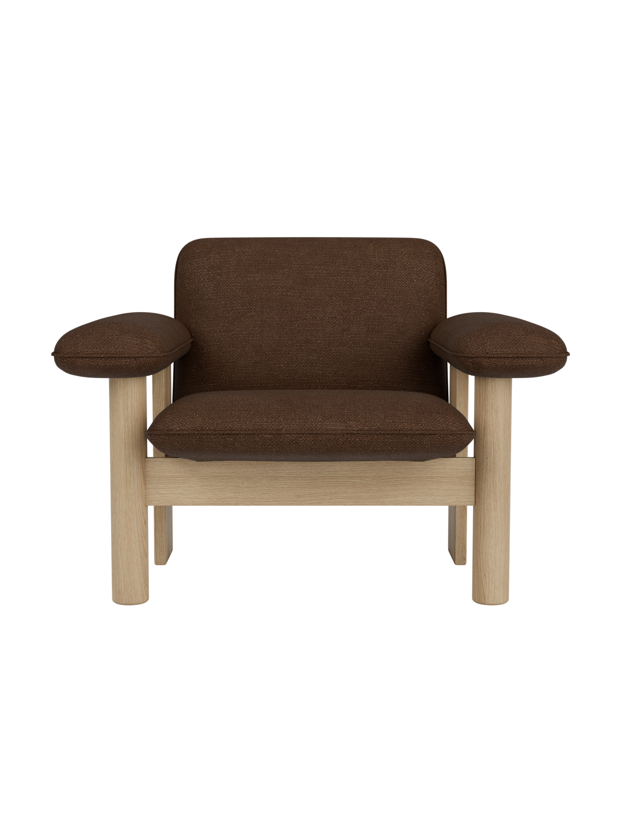 Brasilia Lounge Chair in brown Audo Bouclé 07 fabric with a solid natural oak frame and low back profile.