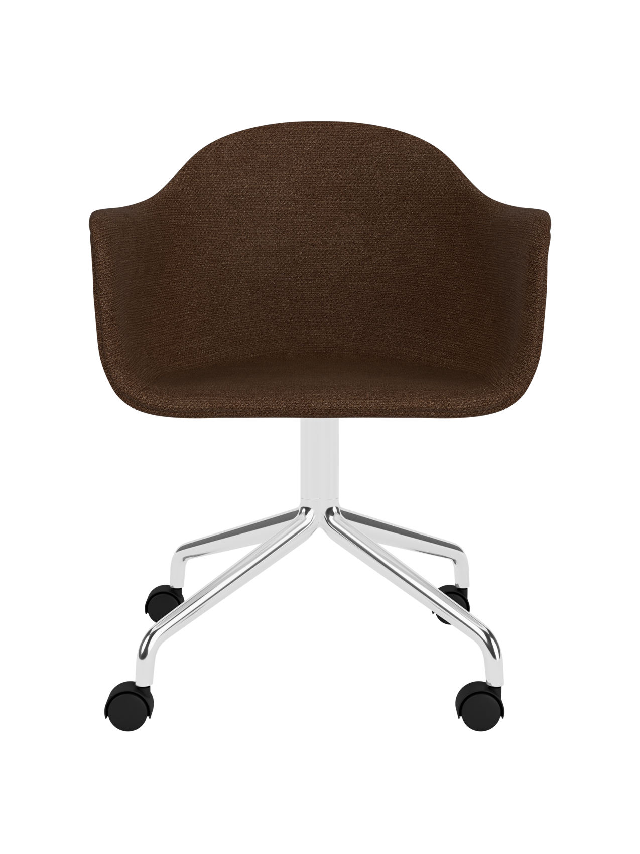 Harbour Dining Chair in dark brown bouclé with a polished aluminium star base and black casters.