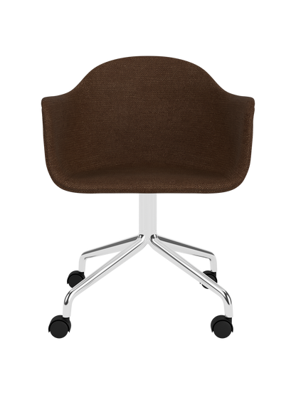Harbour Dining Chair in dark brown bouclé with a polished aluminium star base and black casters.