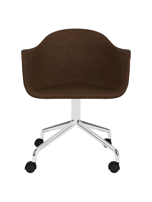 Harbour Dining Chair in dark brown bouclé with a polished aluminium star base and black casters.