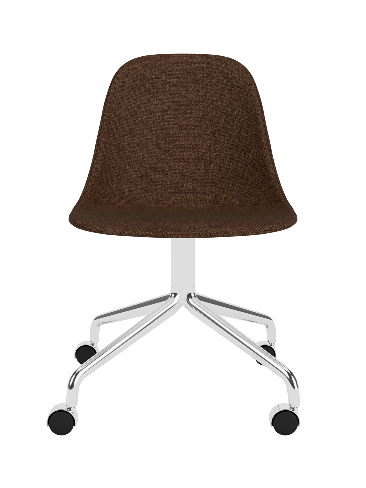 Brown Audo Bouclé 07 upholstered Harbour Side Dining Chair on a polished aluminium star base with casters.