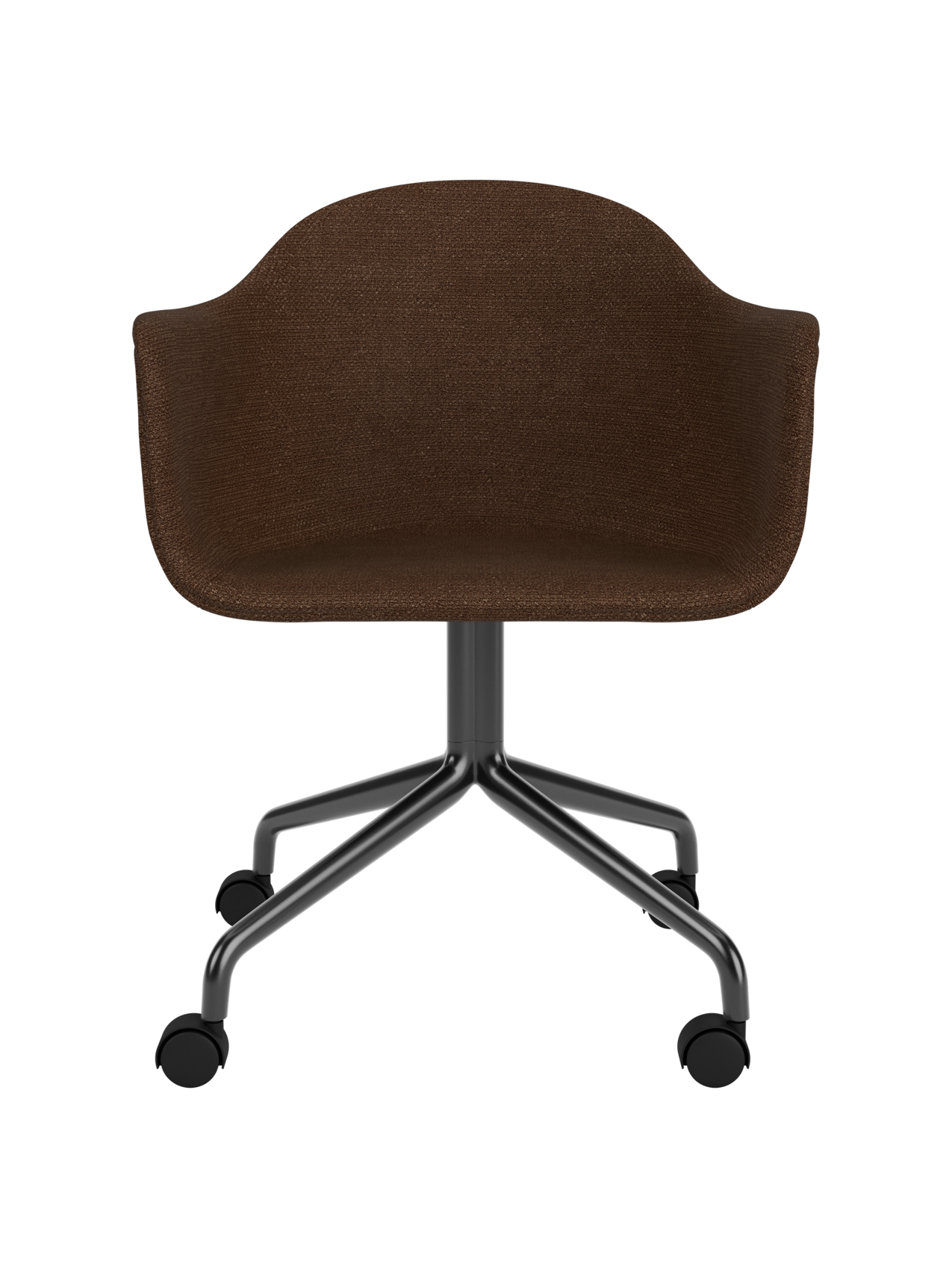 Harbour Dining Chair in brown Audo Bouclé 07 upholstery with a black star base and casters.