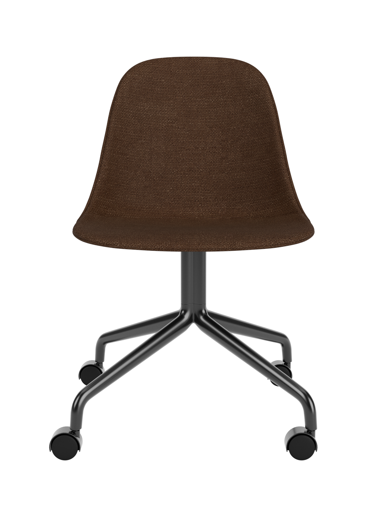 Brown Audo Bouclé 07 Harbour Side Dining Chair with a black star base and casters against a white background.