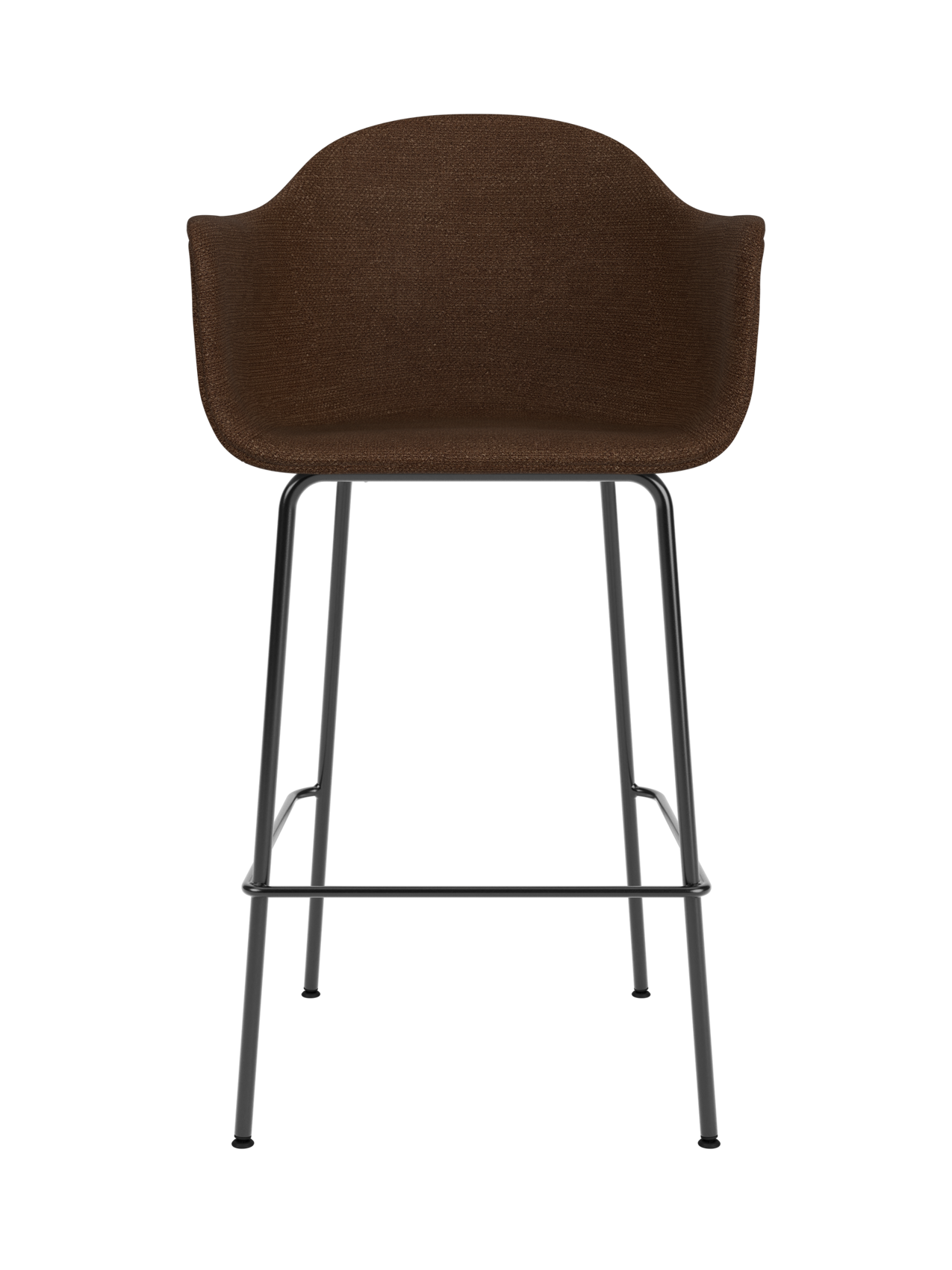 Dark brown Audo Bouclé 07 upholstered Harbour Bar Chair with slim black powder-coated steel geometric legs.