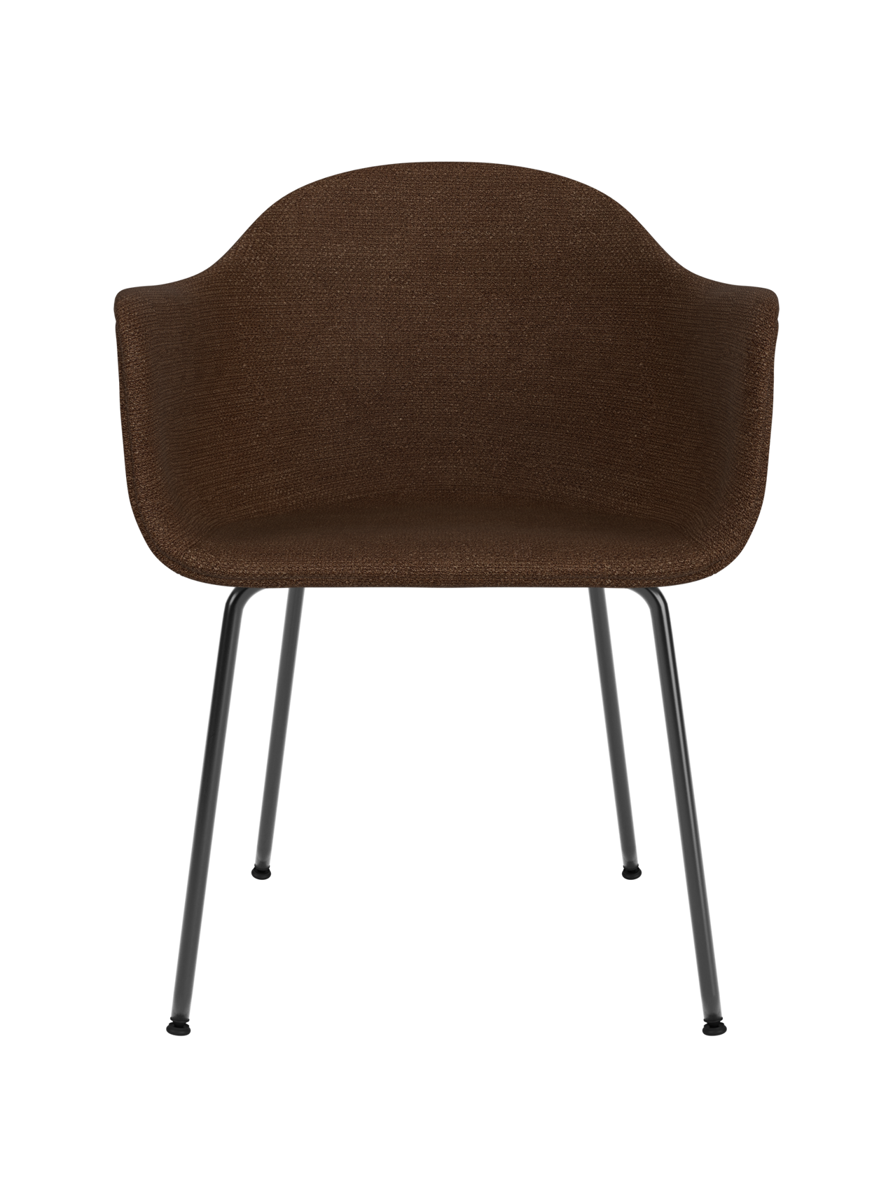 Harbour Dining Chair featuring dark brown Audo Bouclé 07 upholstery and a slim black steel base on a white background.