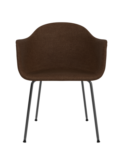 Harbour Dining Chair featuring dark brown Audo Bouclé 07 upholstery and a slim black steel base on a white background.