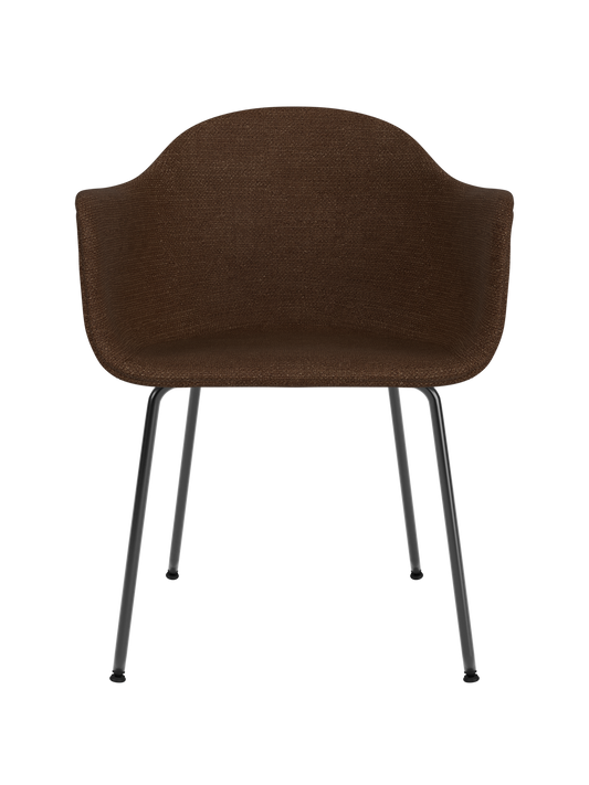 Harbour Dining Chair featuring dark brown Audo Bouclé 07 upholstery and a slim black steel base on a white background.