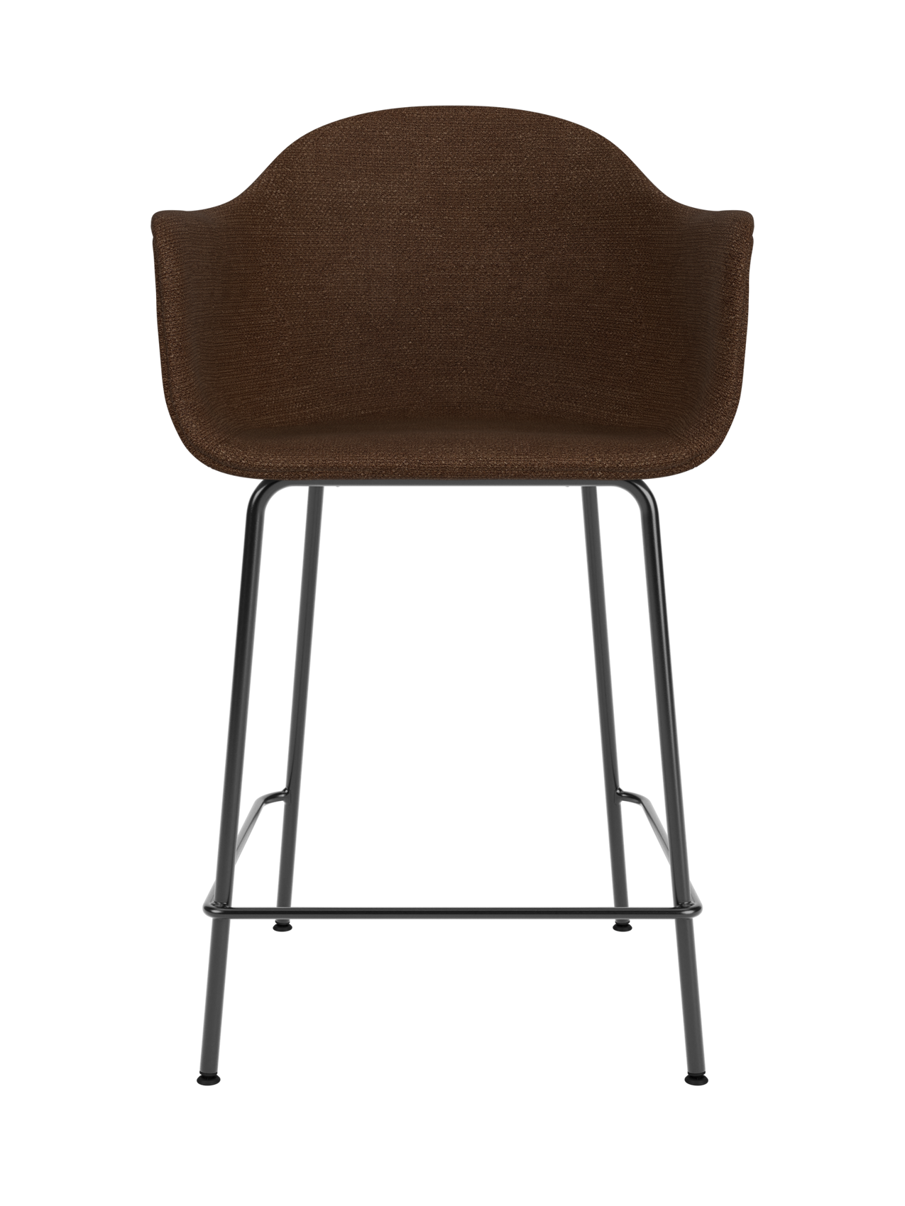 Brown Audo Bouclé 07 upholstered Harbour Counter Chair with a slim black powder-coated steel base and footrest.