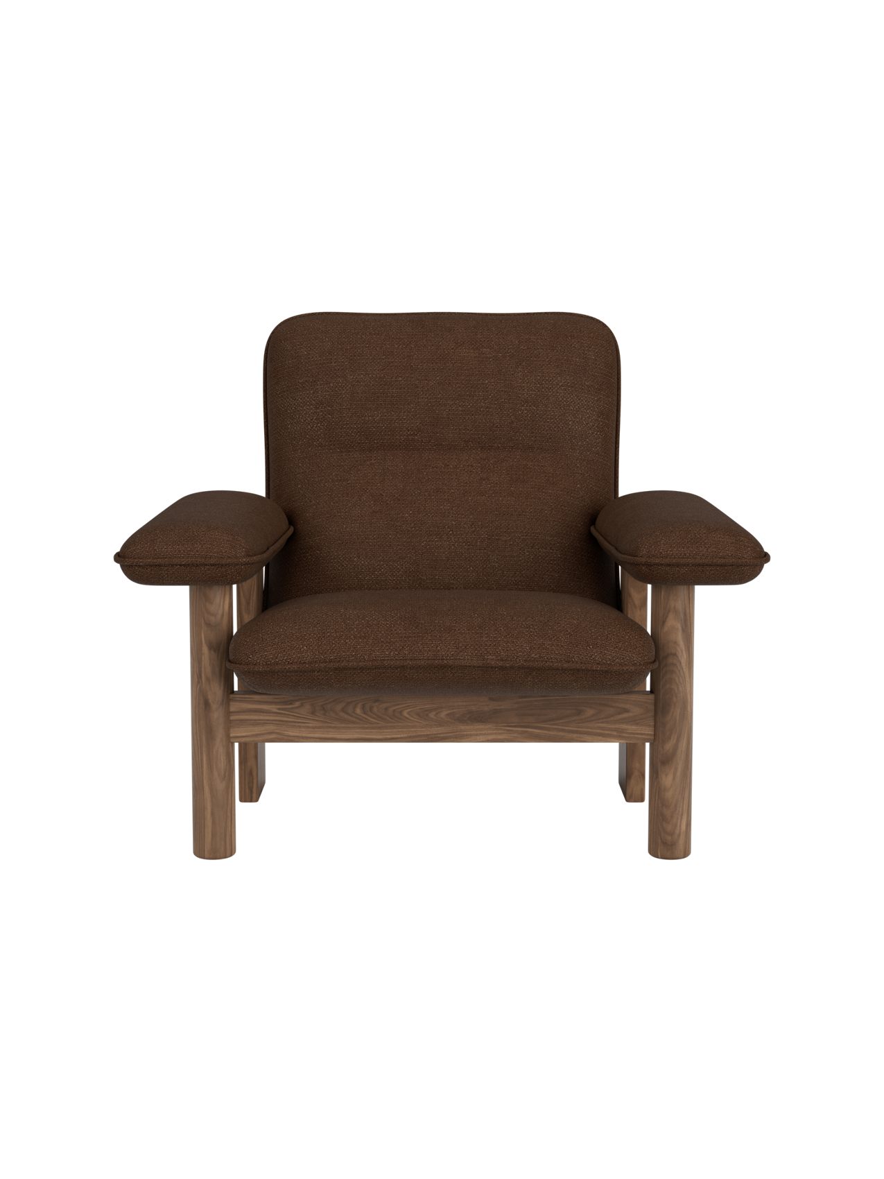 Brasilia Lounge Chair in brown Bouclé 07 textile with a solid walnut frame, featuring wide armrests and a plush seat.