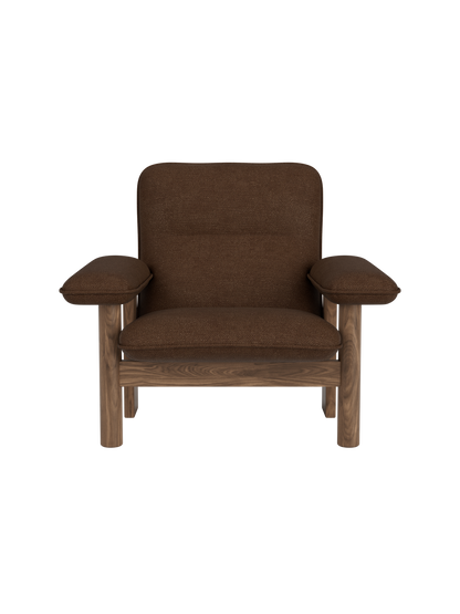 Brasilia Lounge Chair in brown Bouclé 07 textile with a solid walnut frame, featuring wide armrests and a plush seat.