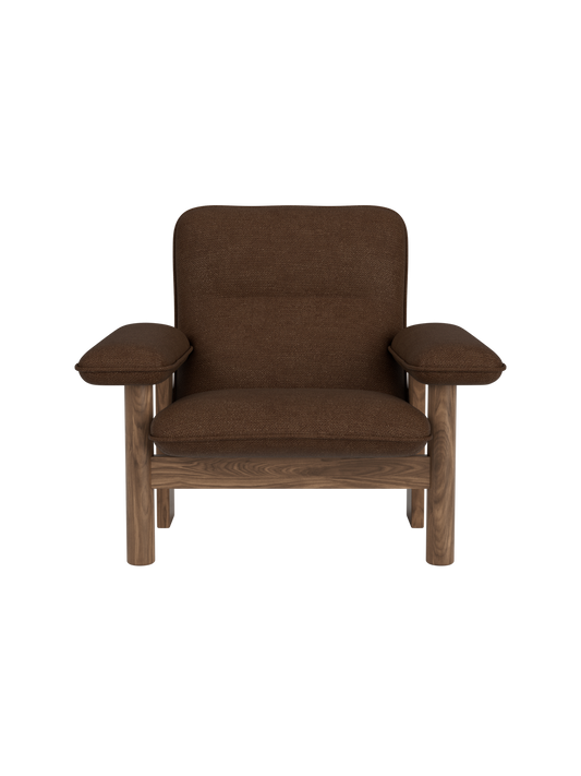 Brasilia Lounge Chair in brown Bouclé 07 textile with a solid walnut frame, featuring wide armrests and a plush seat.