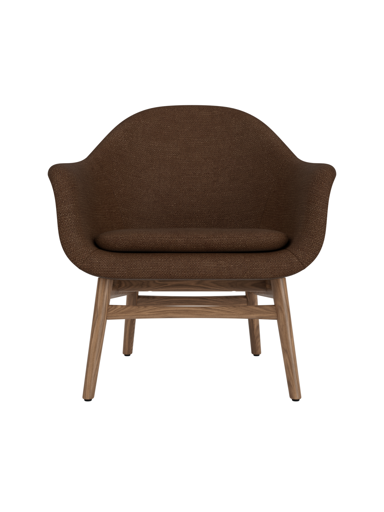 Harbour Lounge Chair in dark brown Audo Bouclé 07 upholstery with a minimalist solid walnut wood base.