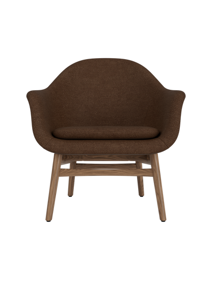 Harbour Lounge Chair in dark brown Audo Bouclé 07 upholstery with a minimalist solid walnut wood base.