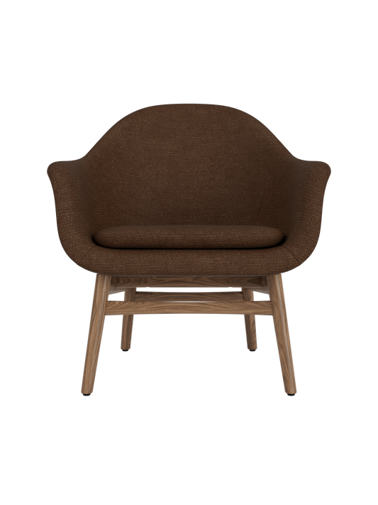 Harbour Lounge Chair in dark brown Audo Bouclé 07 upholstery with a minimalist solid walnut wood base.