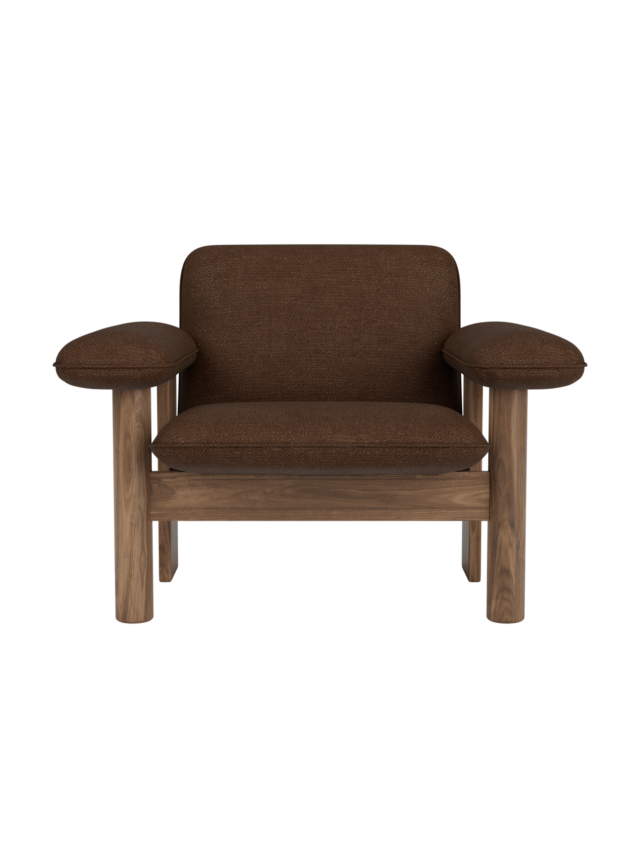 Brasilia Lounge Chair, Low Back, in brown Audo Bouclé 07 upholstery with a solid walnut wood frame.