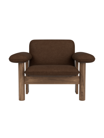 Brasilia Lounge Chair, Low Back, in brown Audo Bouclé 07 upholstery with a solid walnut wood frame.