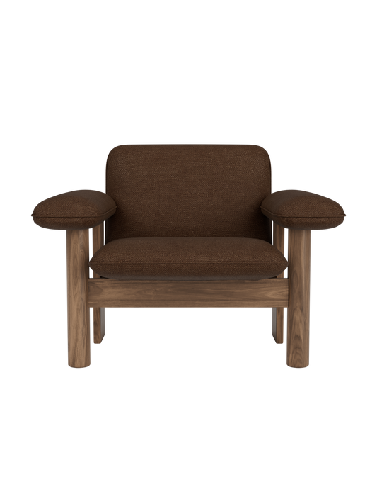 Brasilia Lounge Chair, Low Back, in brown Audo Bouclé 07 upholstery with a solid walnut wood frame.