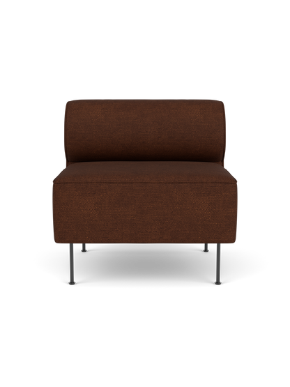 Front view of the Eave Dining Sofa open section module, upholstered in brown Audo Bouclé 08 fabric on slim black metal legs.