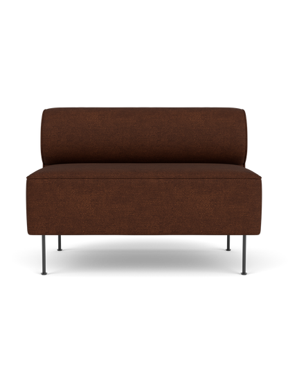 Front view of the Eave Dining Sofa upholstered in dark brown Audo Bouclé 08 fabric, featuring slim black legs.