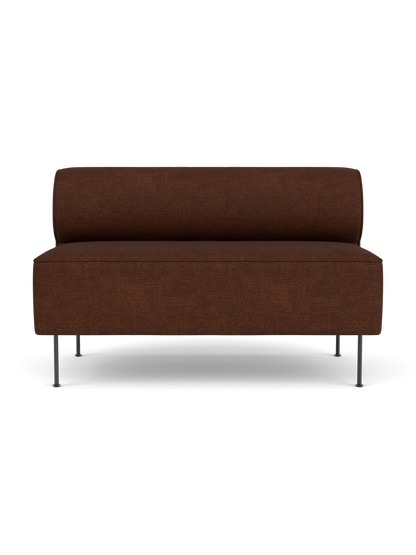Front view of the Eave Dining Sofa, an open section module in rich brown Audo Bouclé fabric, on slim metal legs.