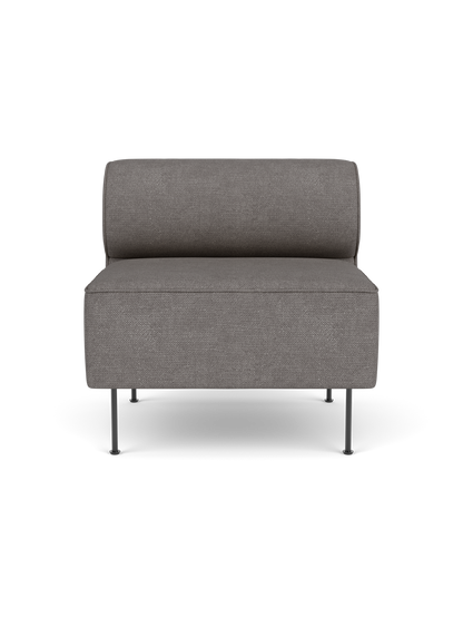 Front view of the Eave Dining Sofa open section module, upholstered in a grey Audo Bouclé 16 fabric, on slender metal legs.