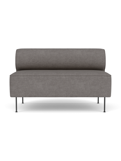 A front view of the Eave Dining Sofa, upholstered in a textured grey-brown Audo Bouclé 16 fabric on a black background.