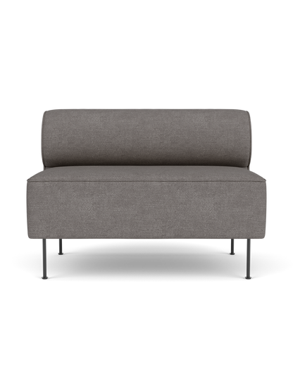 Front view of the Eave Dining Sofa, an open section module, upholstered in textured, grey Audo Bouclé 16 fabric on slim legs.