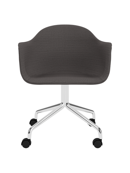 Harbour Dining Chair in grey Canvas 154 fabric, featuring a polished aluminium star base with black casters.