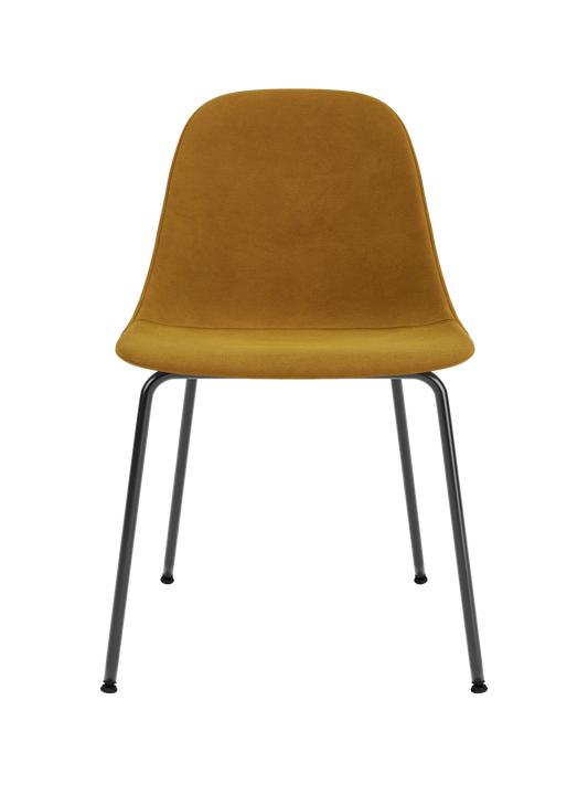 Harbour Side Dining Chair with an ochre Champion 041 upholstered shell and minimalist black steel legs.