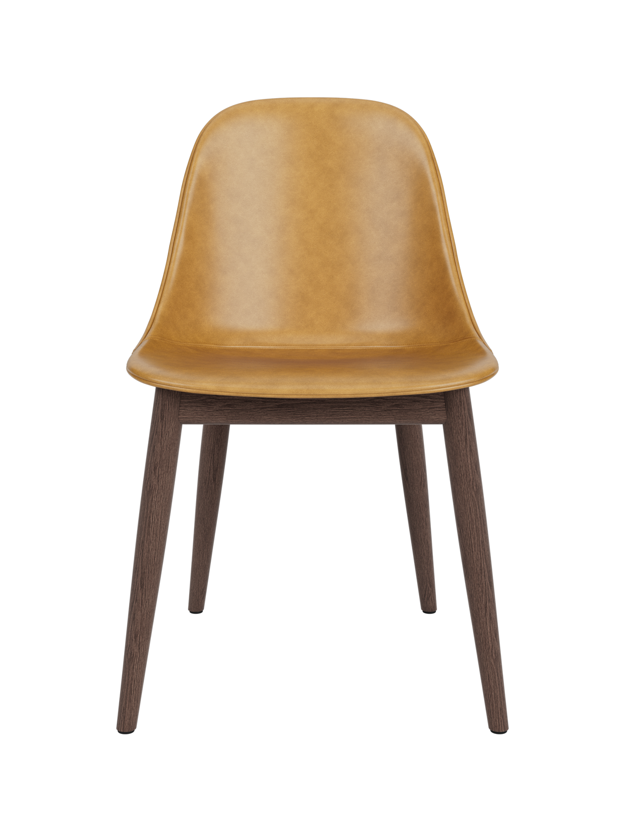 Harbour Side Dining Chair with tan Dakar leather and a dark stained oak wooden base, shown from a front perspective.