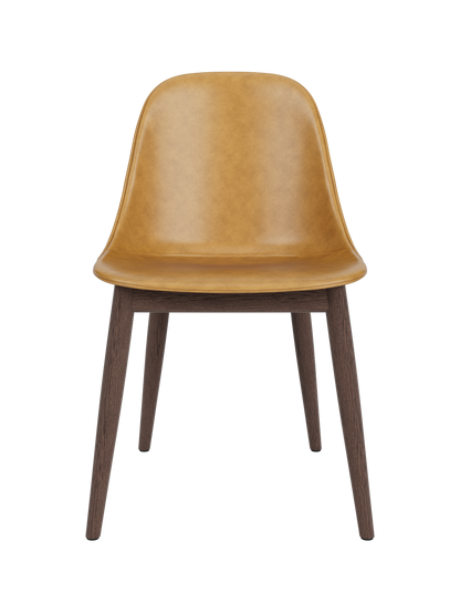 Harbour Side Dining Chair with tan Dakar leather and a dark stained oak wooden base, shown from a front perspective.