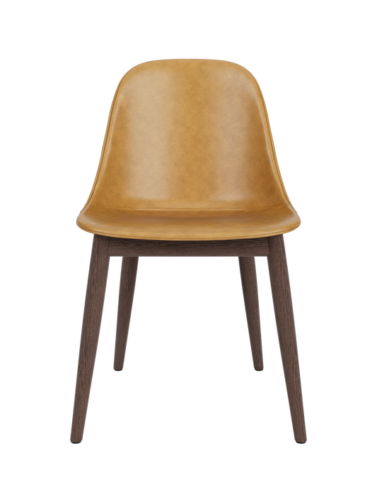 Harbour Side Dining Chair with tan Dakar leather and a dark stained oak wooden base, shown from a front perspective.