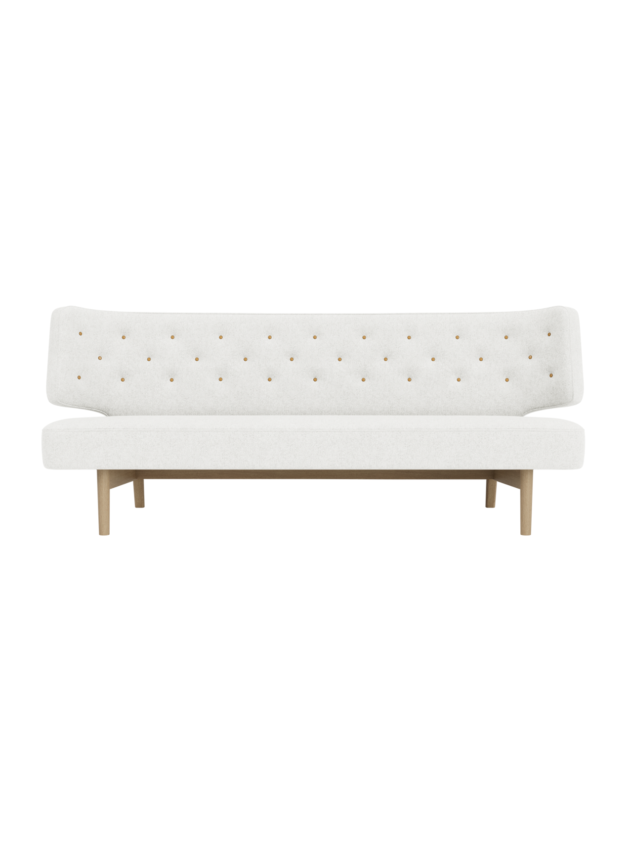 Radiohus Sofa P2 in light grey Hallingdal fabric with tan leather buttons and a natural oak base.