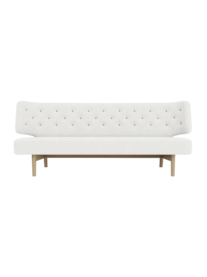 Radiohus Sofa P2 in light grey Hallingdal fabric with tan leather buttons and a natural oak base.