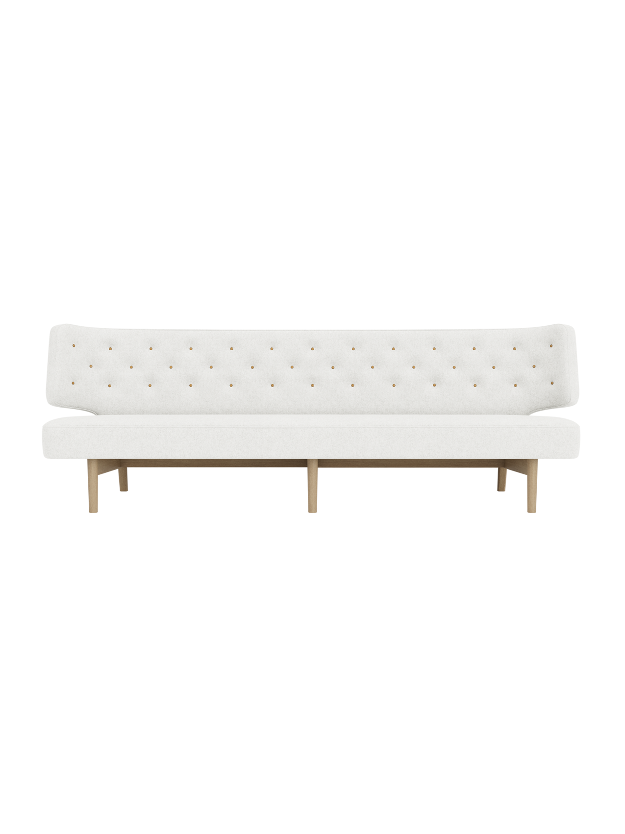 Radiohus Sofa P3 in light grey Hallingdal fabric with leather button tufting and a natural oak wood base.