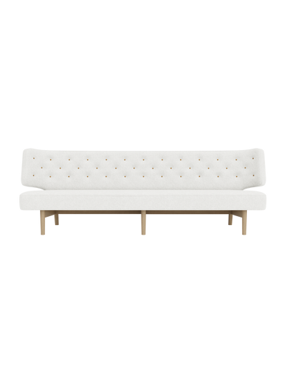 Radiohus Sofa P3 in light grey Hallingdal fabric with leather button tufting and a natural oak wood base.