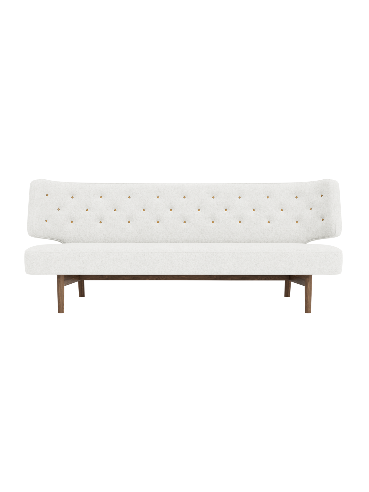 Radiohus Sofa P2 with light grey Hallingdal 65 0110 upholstery, solid walnut legs and quilted leather buttons.