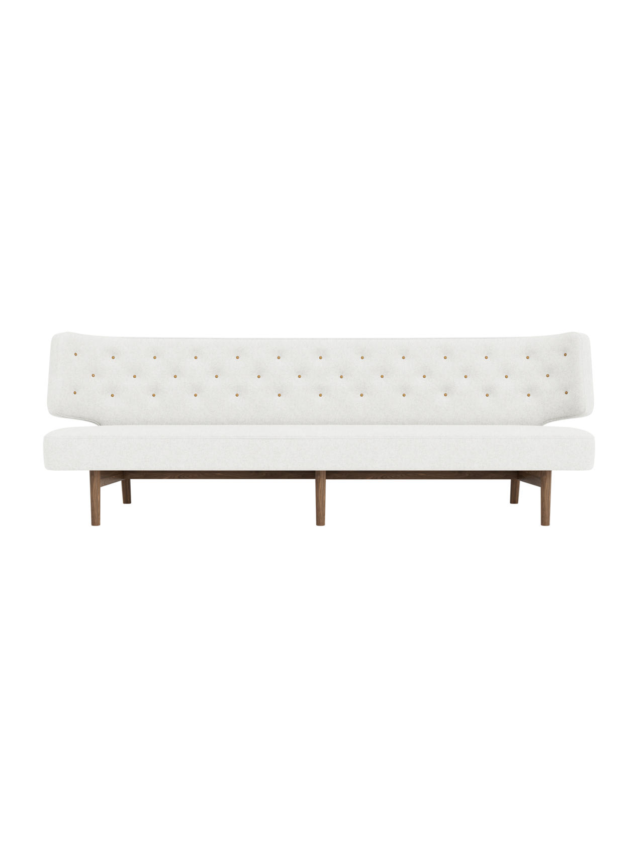 Three-seater Radiohus Sofa P3 in light grey Hallingdal fabric with a button-tufted back and solid walnut base.