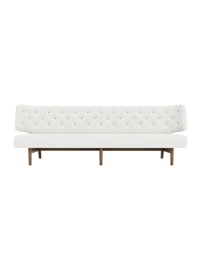 Three-seater Radiohus Sofa P3 in light grey Hallingdal fabric with a button-tufted back and solid walnut base.