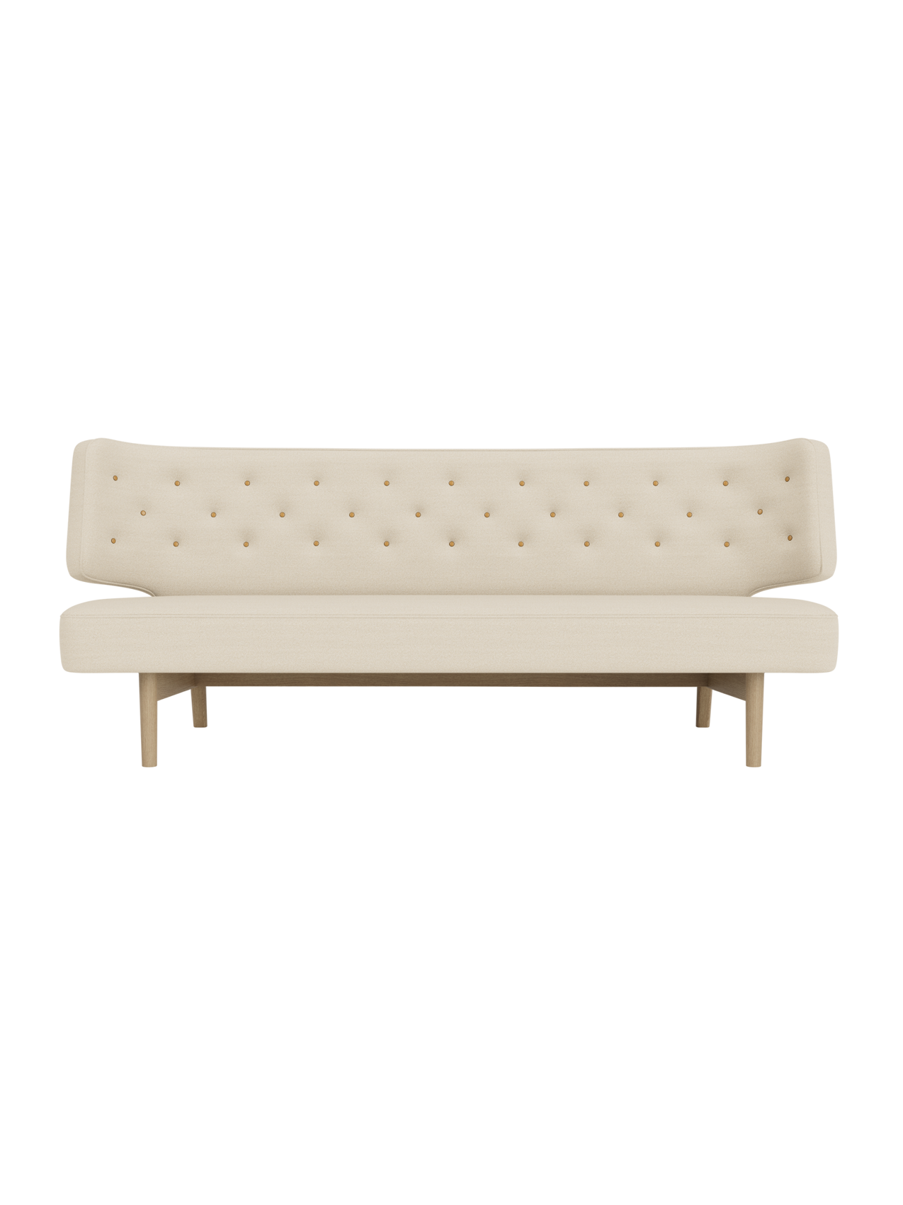 Radiohus Sofa P2 in beige Hallingdal fabric with a quilted buttoned back and natural oak base, shown from the front.