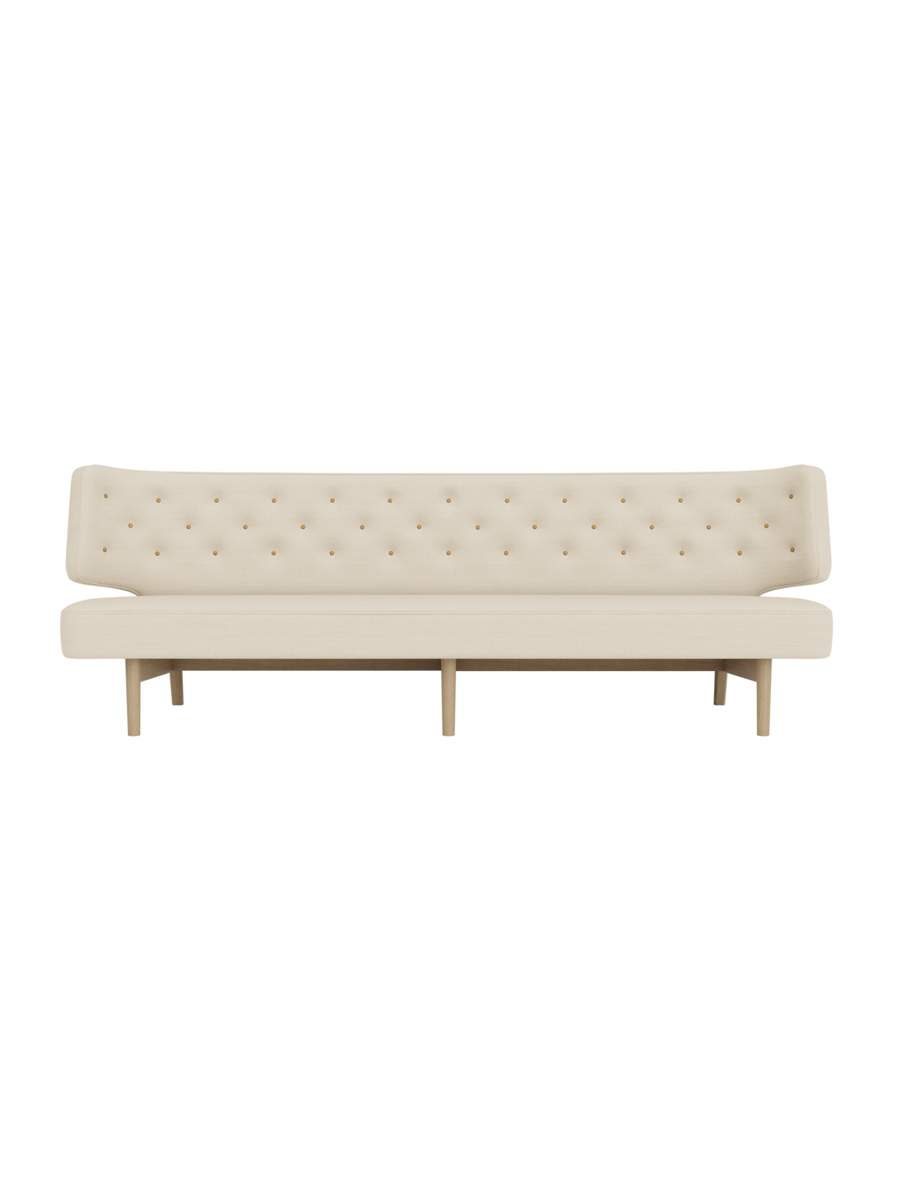 Radiohus Sofa P3 in light beige Hallingdal upholstery featuring a quilted button-tufted back and natural oak frame.