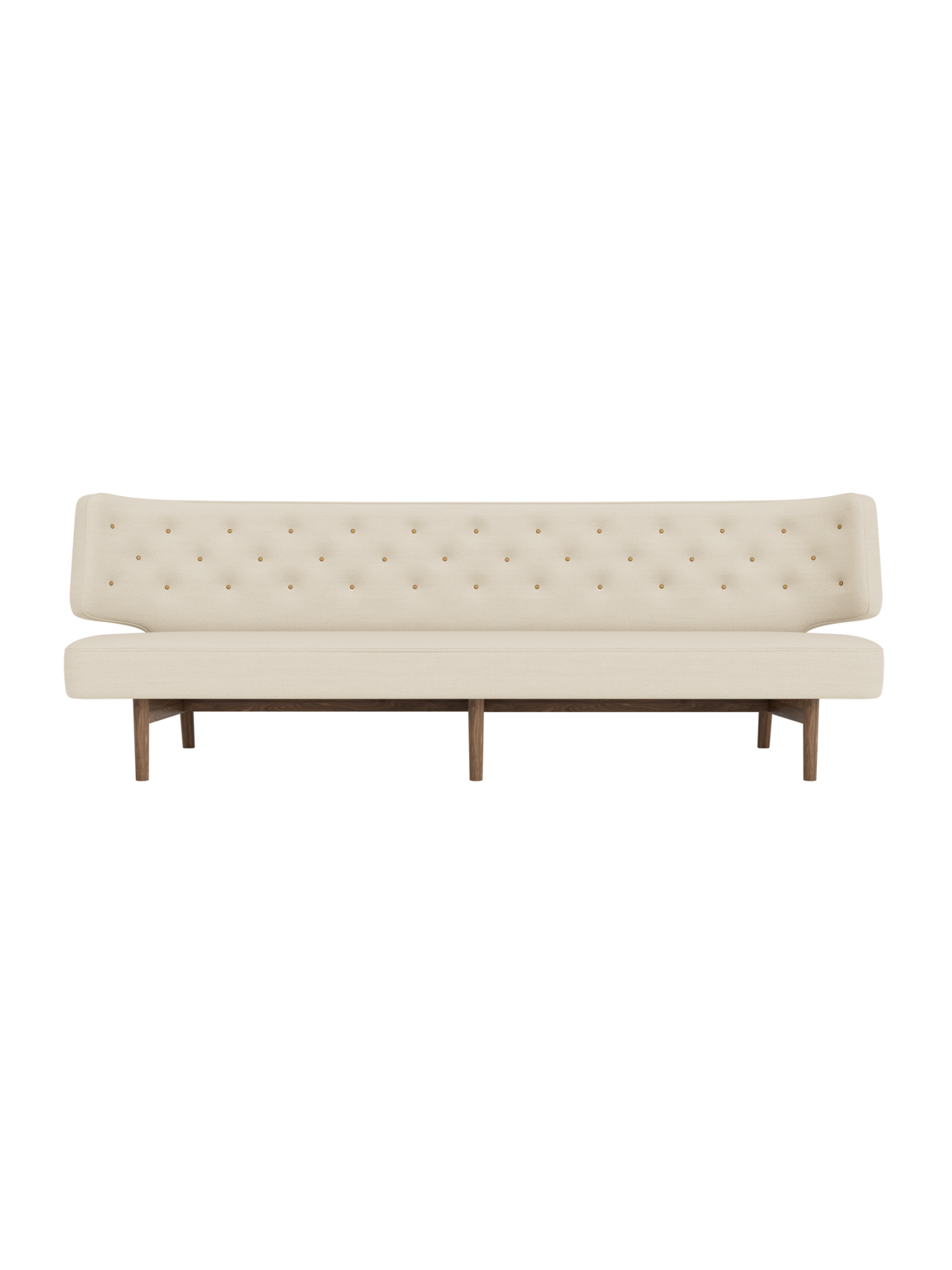 Radiohus Sofa P3 featuring beige Hallingdal upholstery, a tufted back with leather buttons, and dark walnut wood legs.