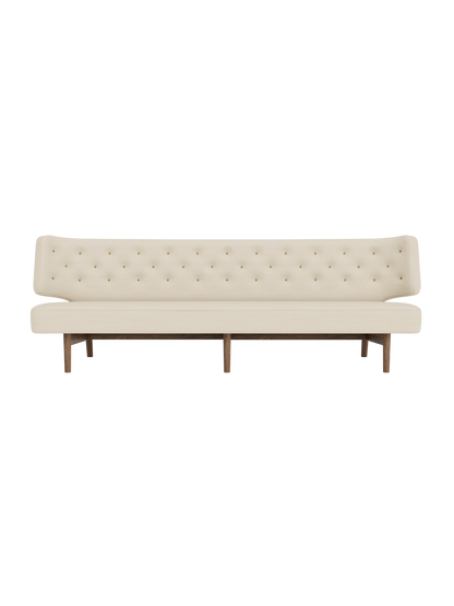 Radiohus Sofa P3 featuring beige Hallingdal upholstery, a tufted back with leather buttons, and dark walnut wood legs.