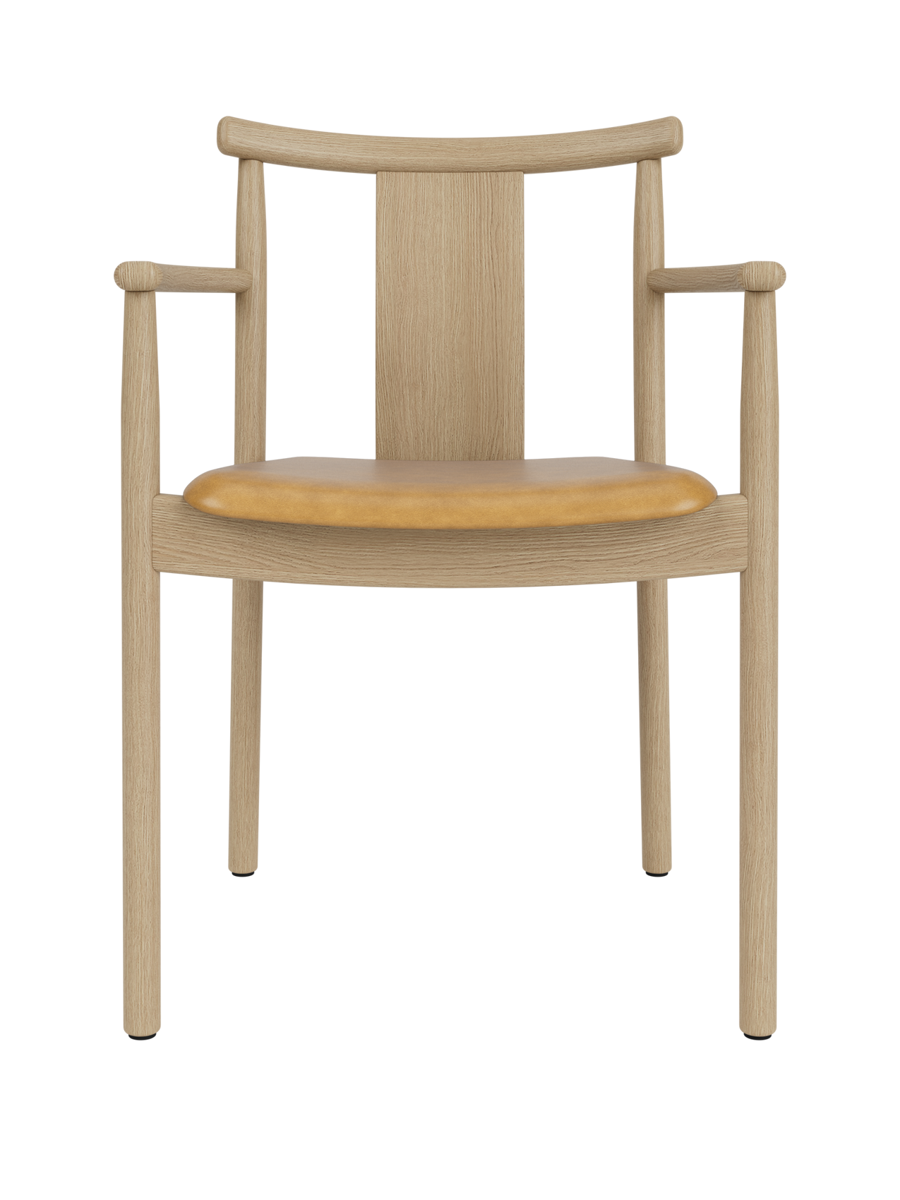 Merkur Dining Chair w/Armrests in natural oak with a tan leather seat, captured against a white background.