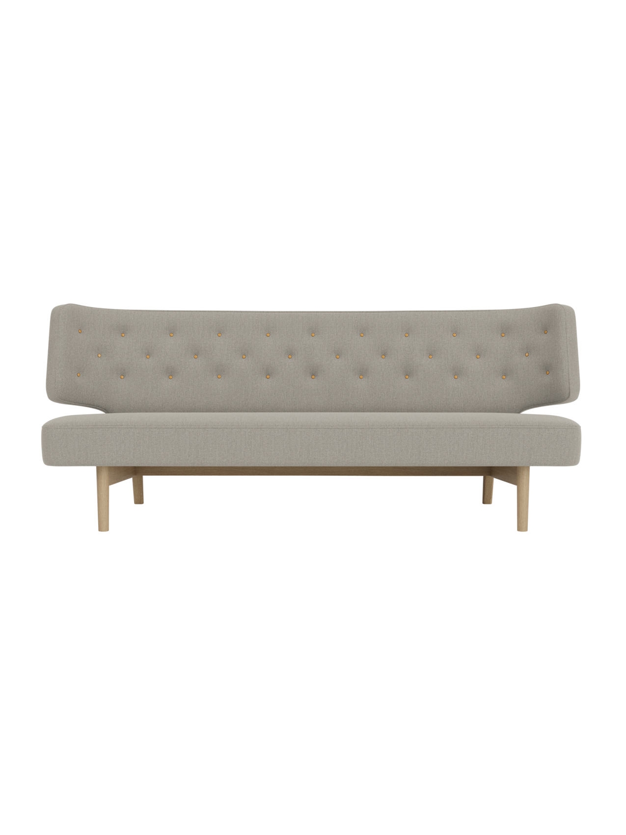 Radiohus Sofa P2 in grey Re-wool fabric with natural oak legs and a curved back with leather button quilting.