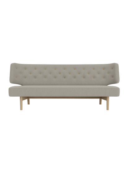 Radiohus Sofa P2 in grey Re-wool fabric with natural oak legs and a curved back with leather button quilting.