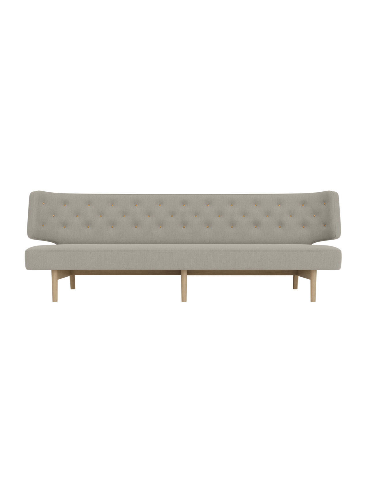 Radiohus Sofa in grey Re-wool upholstery with a button-tufted backrest and natural oak legs in a Nordic functionalist style.