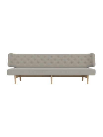 Radiohus Sofa in grey Re-wool upholstery with a button-tufted backrest and natural oak legs in a Nordic functionalist style.