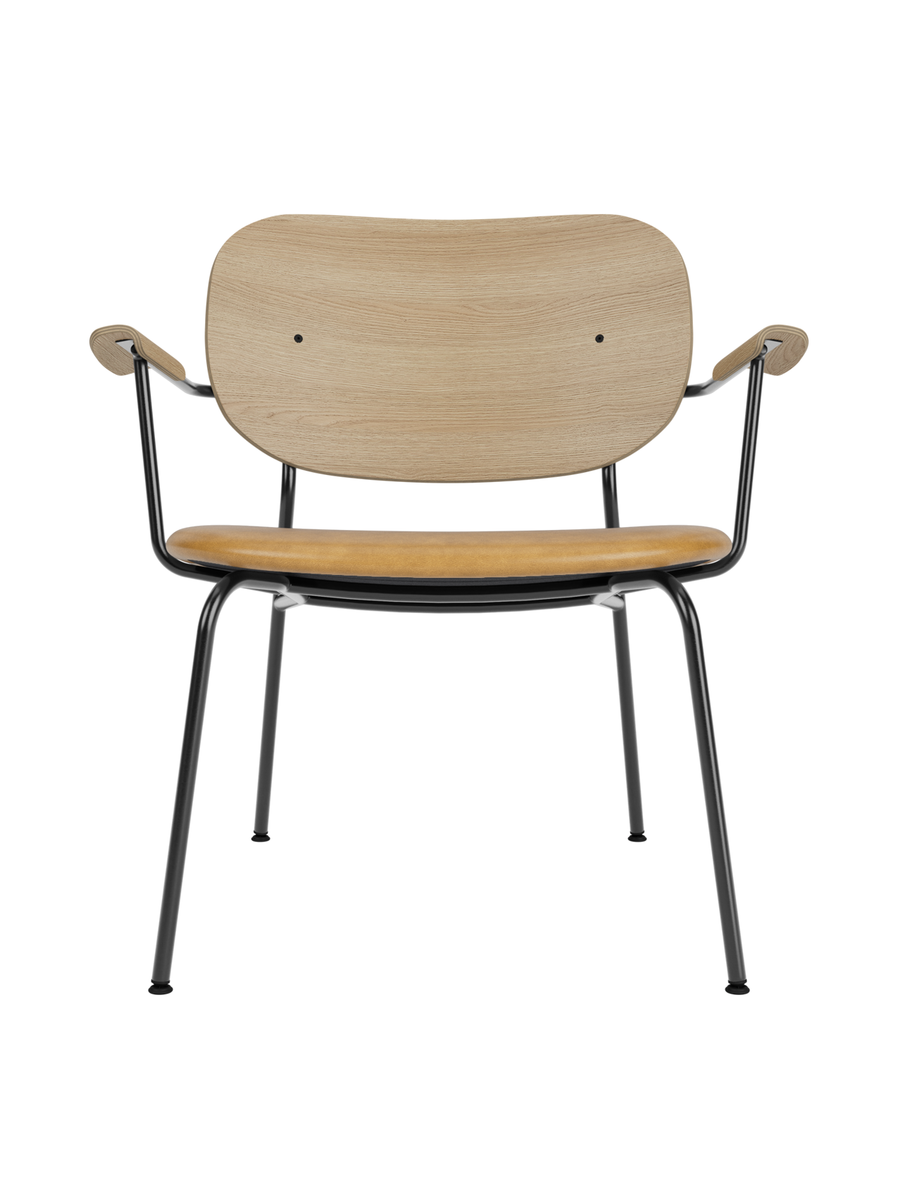 Co Lounge Chair in natural oak with a tan Dakar 0250 leather seat and a slender black powder-coated steel frame.